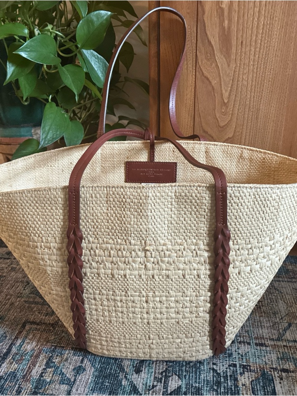 Sezane basket tote natural raffia with brown leather - Picture 2 of 9